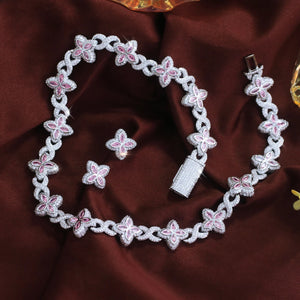 Hip Hop Jewelry Sapphire Blue 4 Leaf Clover Flower Necklace and Earrings Cubic Zircon Cuban Link Chain Jewelry Set for Women Man Jovera Joyce