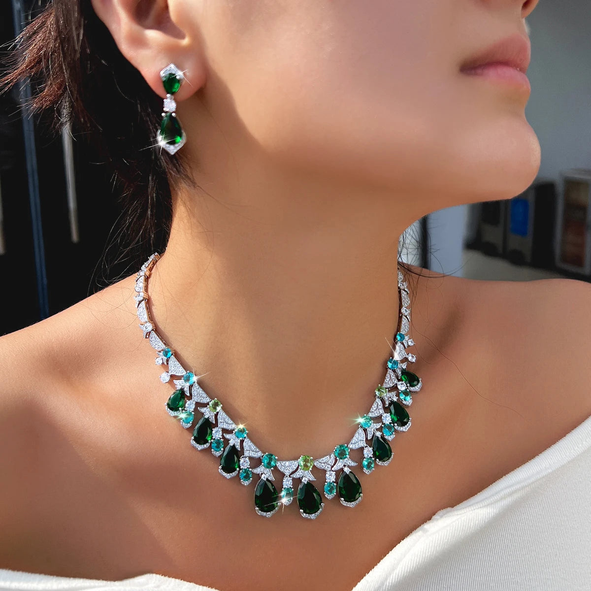 Trendy CZ Jewelry Set Light Blue Round Green Drop Zirconia Tennis Necklace Earrings Jewelry Set for Women Lady Valentine's Gift Jovera Joyce
