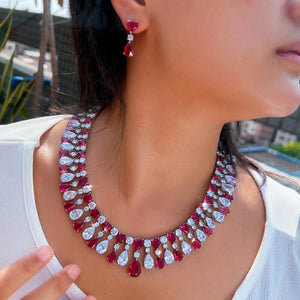 Charming Cubic Zirconia Jewelry Set Rhodium Plated Red CZ Heart Drop Dangle Necklace Earrings Jewelry Set for Brides Wedding Jovera Joyce