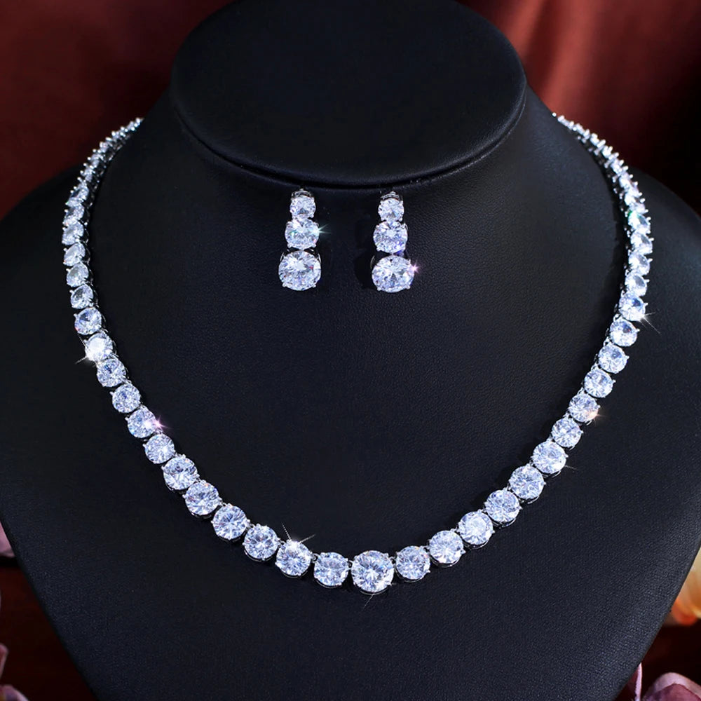 Super Glittering Round Cubic Zirconia Tennis Necklace and Earrings Jewelry Set for Women Wedding Bridal Party Engagement Banquet Jovera Joyce