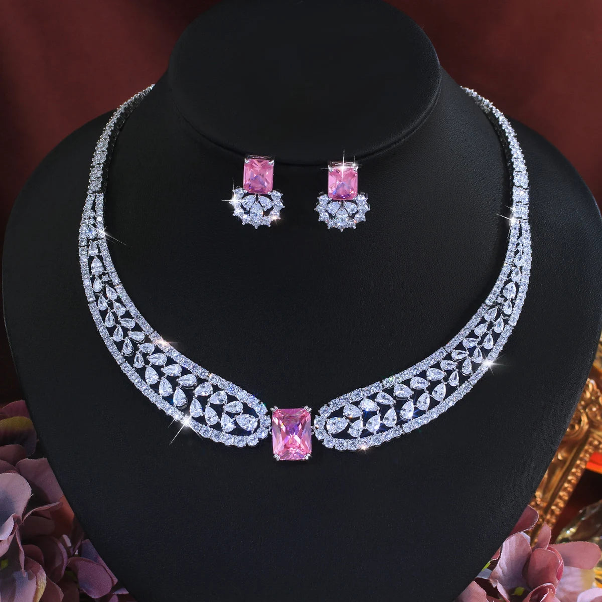 Charming Cubic Zirconia Jewelry Set Water Drop Necklace Pink Square Earrings Rhodium Plated CZ Jewelry Set for Brides Wedding Jovera Joyce