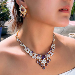 Luxury Purple and White Cubic Zirconia  Big Necklace Earrings Italian Dubai 18k Gold Plated Bridal Jewelry Set for Women Wedding Jovera Joyce