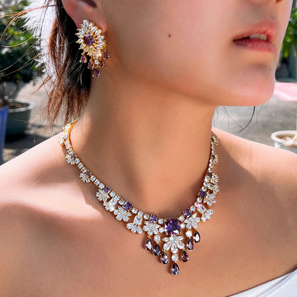 Luxury Purple and White Cubic Zirconia  Big Necklace Earrings Italian Dubai 18k Gold Plated Bridal Jewelry Set for Women Wedding Jovera Joyce