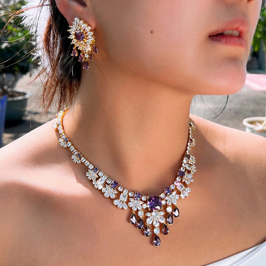 Luxury Purple and White Cubic Zirconia  Big Necklace Earrings Italian Dubai 18k Gold Plated Bridal Jewelry Set for Women Wedding Jovera Joyce