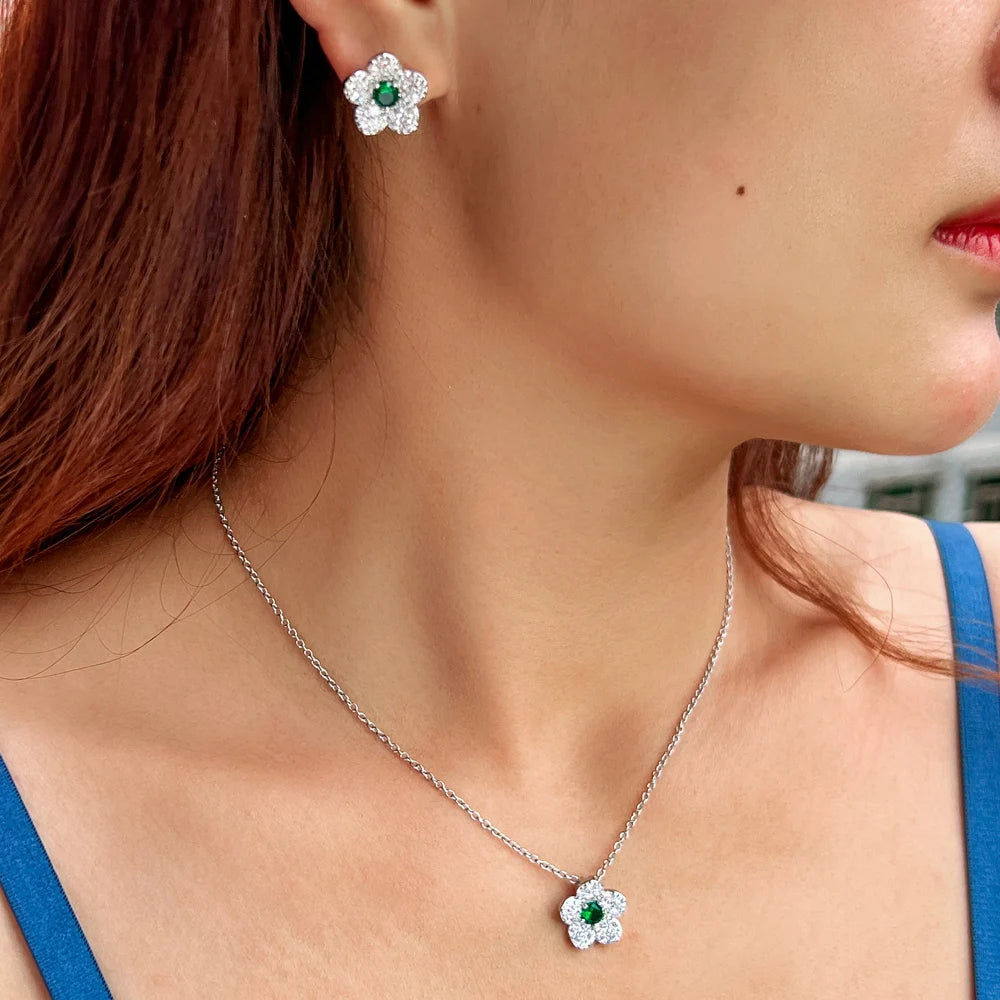 Korean Style Micro Pave Cubic Zircon Green Red Blue White Flowers Necklace and Earrings Jewelry Sets for Women Summer Daily Wear Jovera Joyce