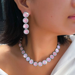 Glamorous Acrylic Pink Color Round Design Jewelry Set Cubic Zircon Earring Necklace Set for Women Evening Prom Statement Jewelry Jovera Joyce