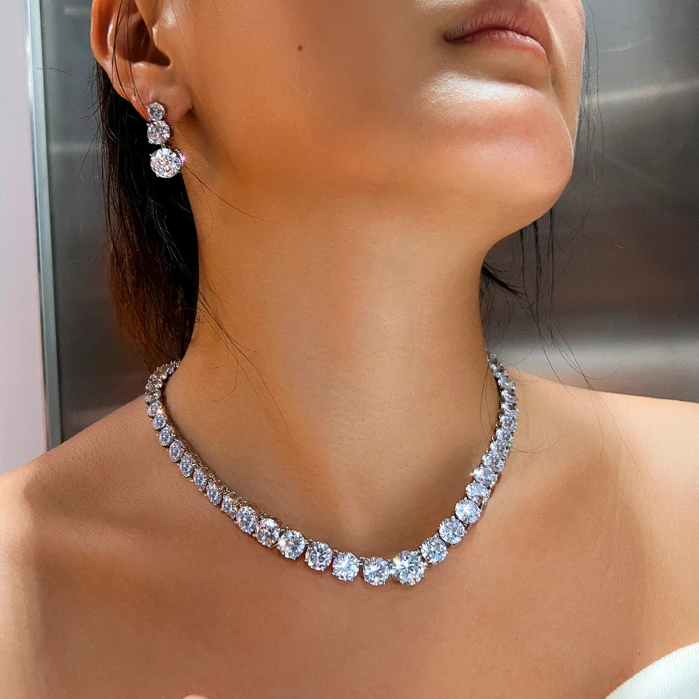 Super Glittering Round Cubic Zirconia Tennis Necklace and Earrings Jewelry Set for Women Wedding Bridal Party Engagement Banquet Jovera Joyce