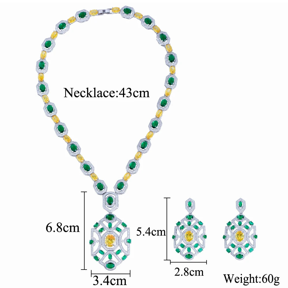 Super Luxury Yellow Green Zirconia Wedding Banquet Big Chunky Necklace and Earrings Bridal Party Costume Jewelry Sets for Women Jovera Joyce