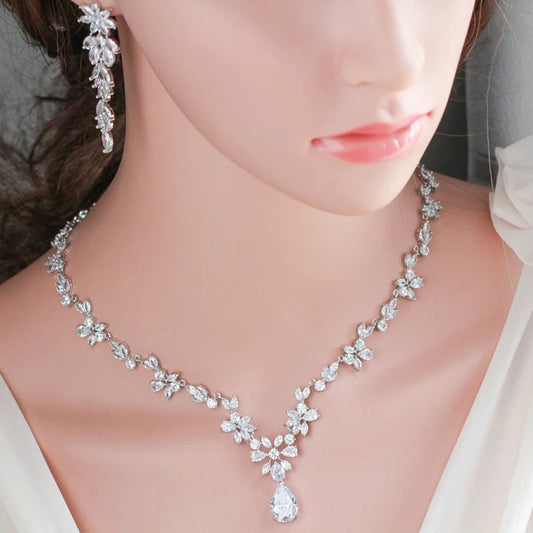 Women Wedding Jewellery Set with Shiny Cubic Zircon Stone Flower Long Leaf Shaped Dangle Earrings Necklace Luxury Bridal Jewelry Jovera Joyce