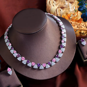 Geometric White Pink Purple Triangle Cubic Zircon Wedding Necklace Earrings 2Pcs Jewelry Set for Women Evening Party Accessory Jovera Joyce