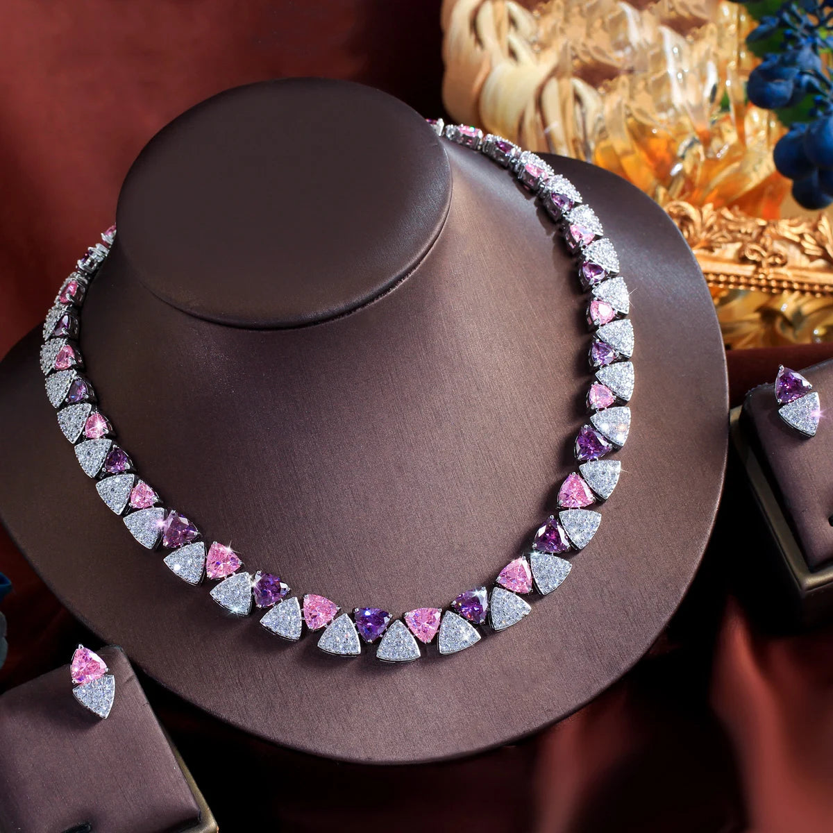 Geometric White Pink Purple Triangle Cubic Zircon Wedding Necklace Earrings 2Pcs Jewelry Set for Women Evening Party Accessory Jovera Joyce
