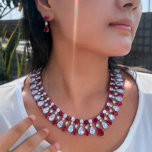 Charming Cubic Zirconia Jewelry Set Rhodium Plated Red CZ Heart Drop Dangle Necklace Earrings Jewelry Set for Brides Wedding Jovera Joyce