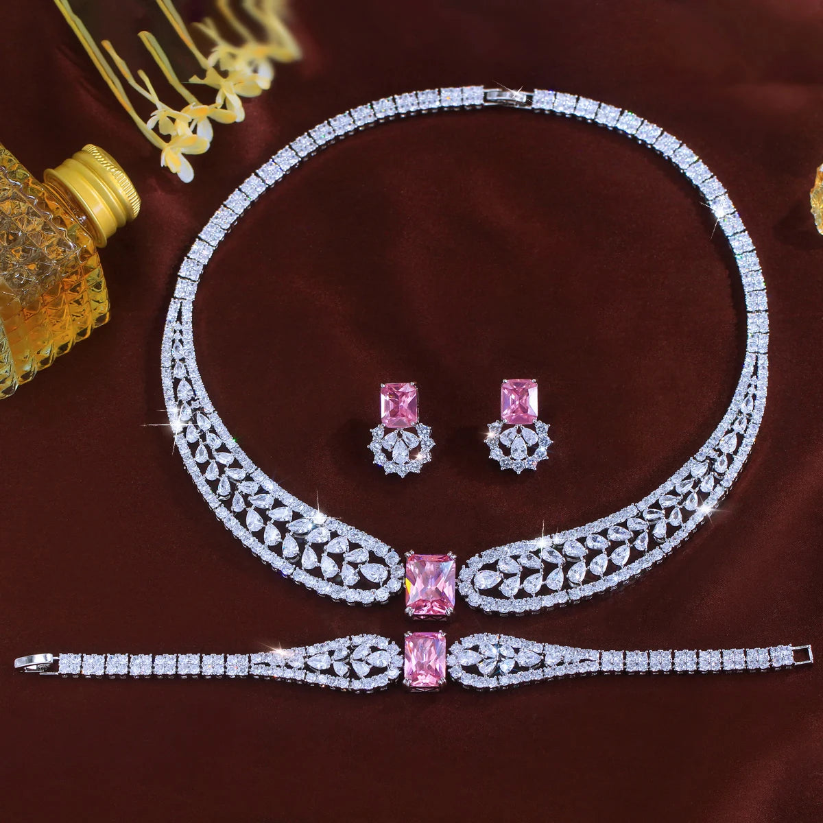 Trendy Water Drop Square CZ Crystal Jewelry Set Pink Cubic Zircon Necklace Earring Bracelet Women Engagement Costume Jewelry Set Jovera Joyce