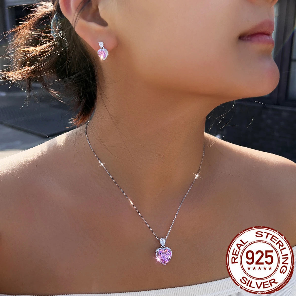 Rhodium Plated CZ Pendant Earrings Drop Pink Heart Zircon Pendant Stud Earrings for Girls 925 Sterling Silver Lovely Jewelry Set Jovera Joyce