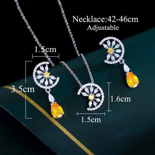 Dainty Blue Water Drop Cubic Zirconia Engagement Half Round Pendant Necklace and Earrings Fashion Jewelry Set for Women Jovera Joyce