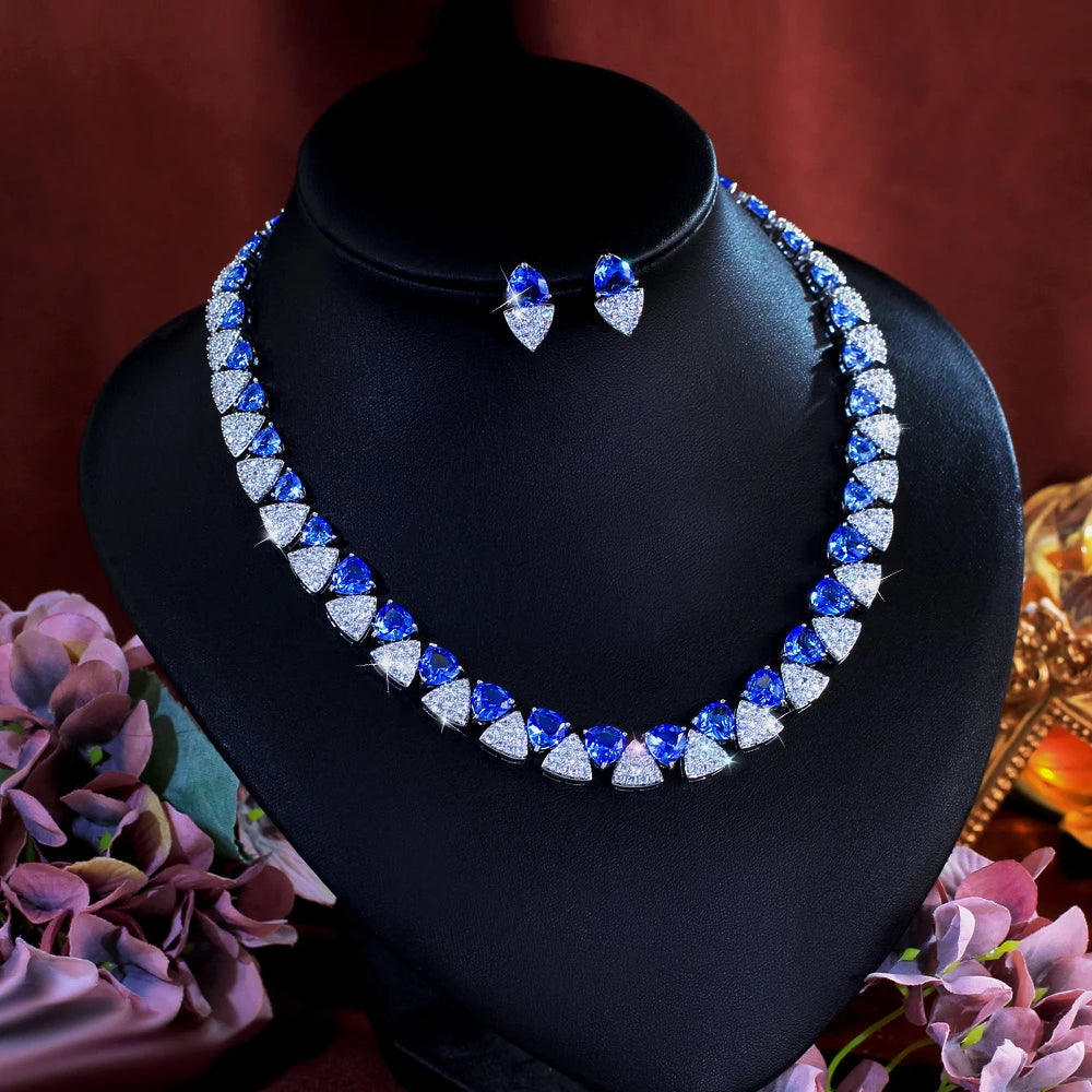 Luxury Unique Shiny Blue Synthetic Tanzanite Stone and White Zirconia Triangle Shape Bridal Wedding Party Jewelry Set for Women Jovera Joyce