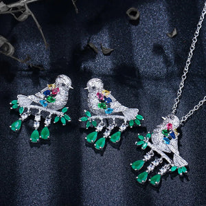 Fashion Design Green Cubic Zirconia Animal Birds Shaped Necklace and Earrings Jewelry Set for Women Girls Accessories Jovera Joyce