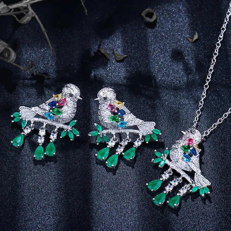 Fashion Design Green Cubic Zirconia Animal Birds Shaped Necklace and Earrings Jewelry Set for Women Girls Accessories Jovera Joyce