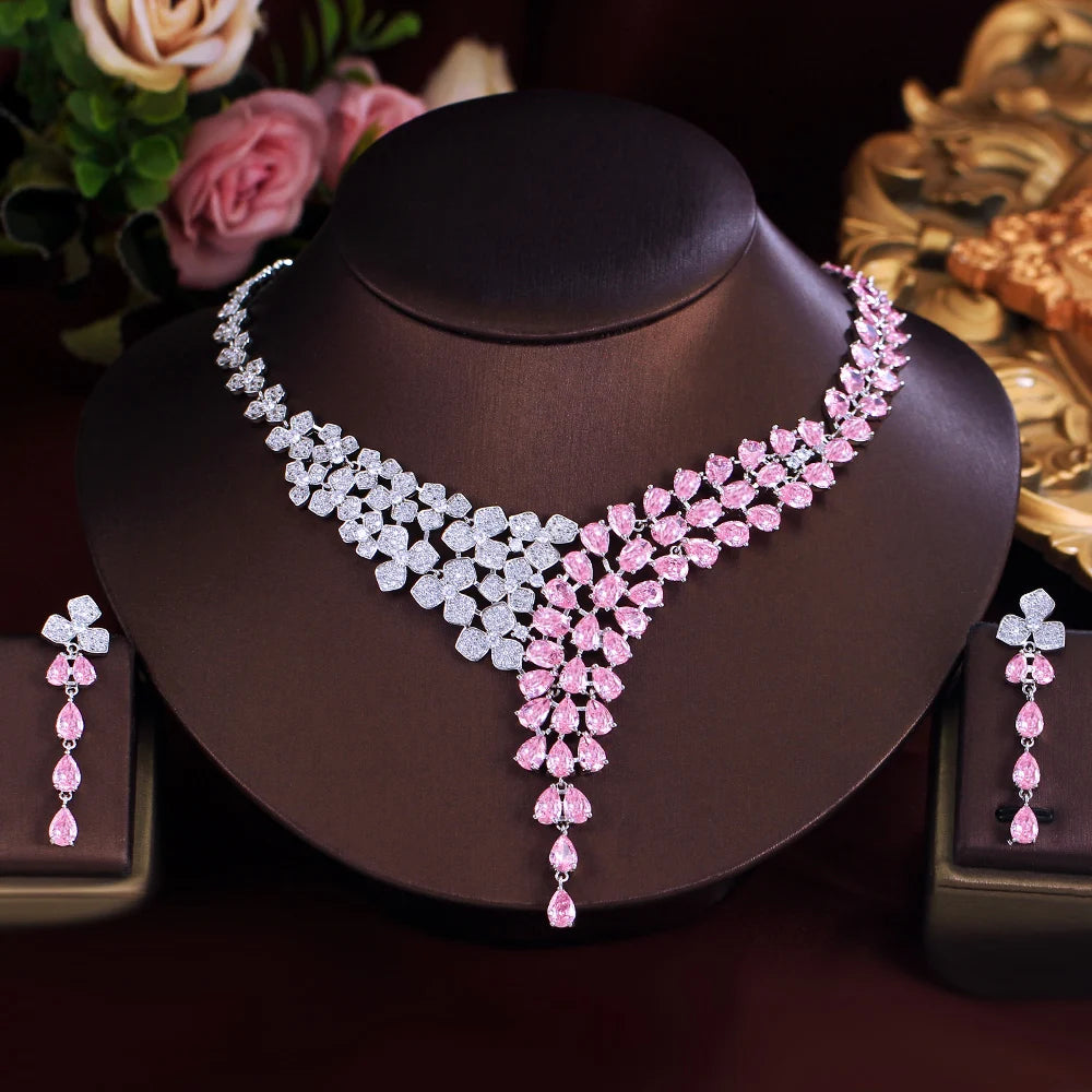 Elegant Shimmering Pink White Water Drop Cubic Zircon Long Earrings and Necklace Bridal Wedding Party Jewelry Set for Women Jovera Joyce