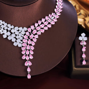 Elegant Shimmering Pink White Water Drop Cubic Zircon Long Earrings and Necklace Bridal Wedding Party Jewelry Set for Women Jovera Joyce