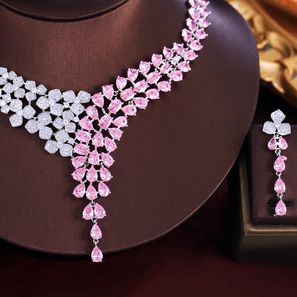 Elegant Shimmering Pink White Water Drop Cubic Zircon Long Earrings and Necklace Bridal Wedding Party Jewelry Set for Women Jovera Joyce