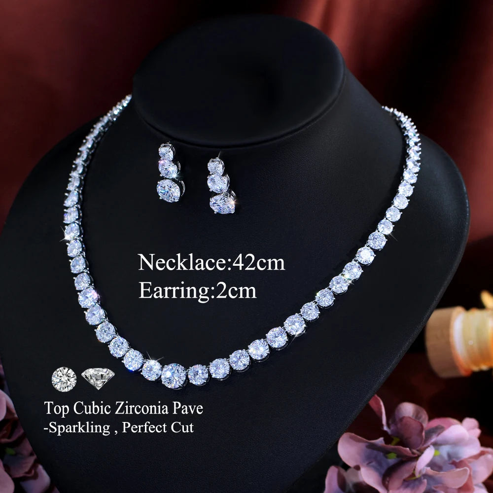 Super Glittering Round Cubic Zirconia Tennis Necklace and Earrings Jewelry Set for Women Wedding Bridal Party Engagement Banquet Jovera Joyce