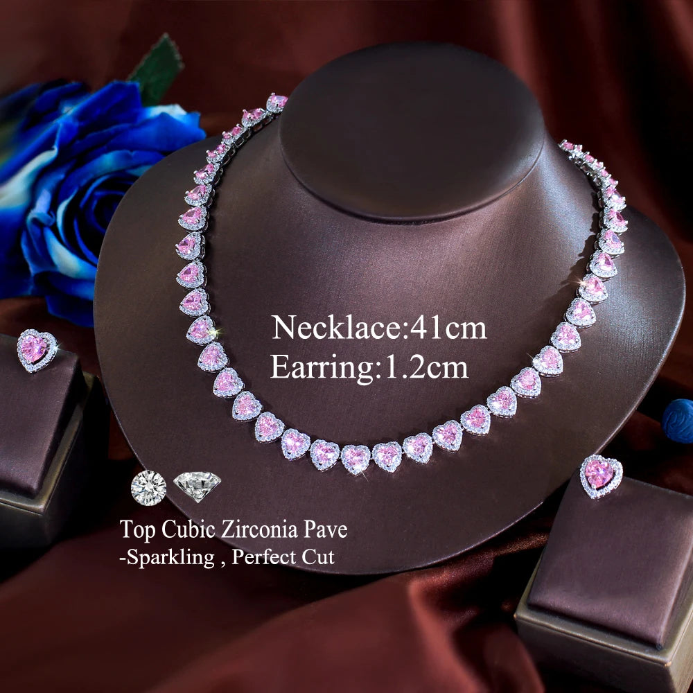 Trendy Jewelry Brass Silver Plated Jewelry Set Pink Iced CZ Ring Earrings Necklace Cuban Tennis Heart Shaped Woman Jewelry Set Jovera Joyce