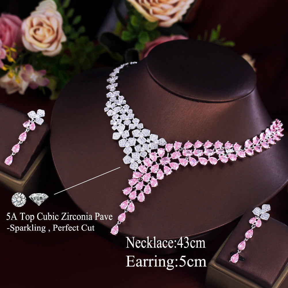 Elegant Shimmering Pink White Water Drop Cubic Zircon Long Earrings and Necklace Bridal Wedding Party Jewelry Set for Women Jovera Joyce