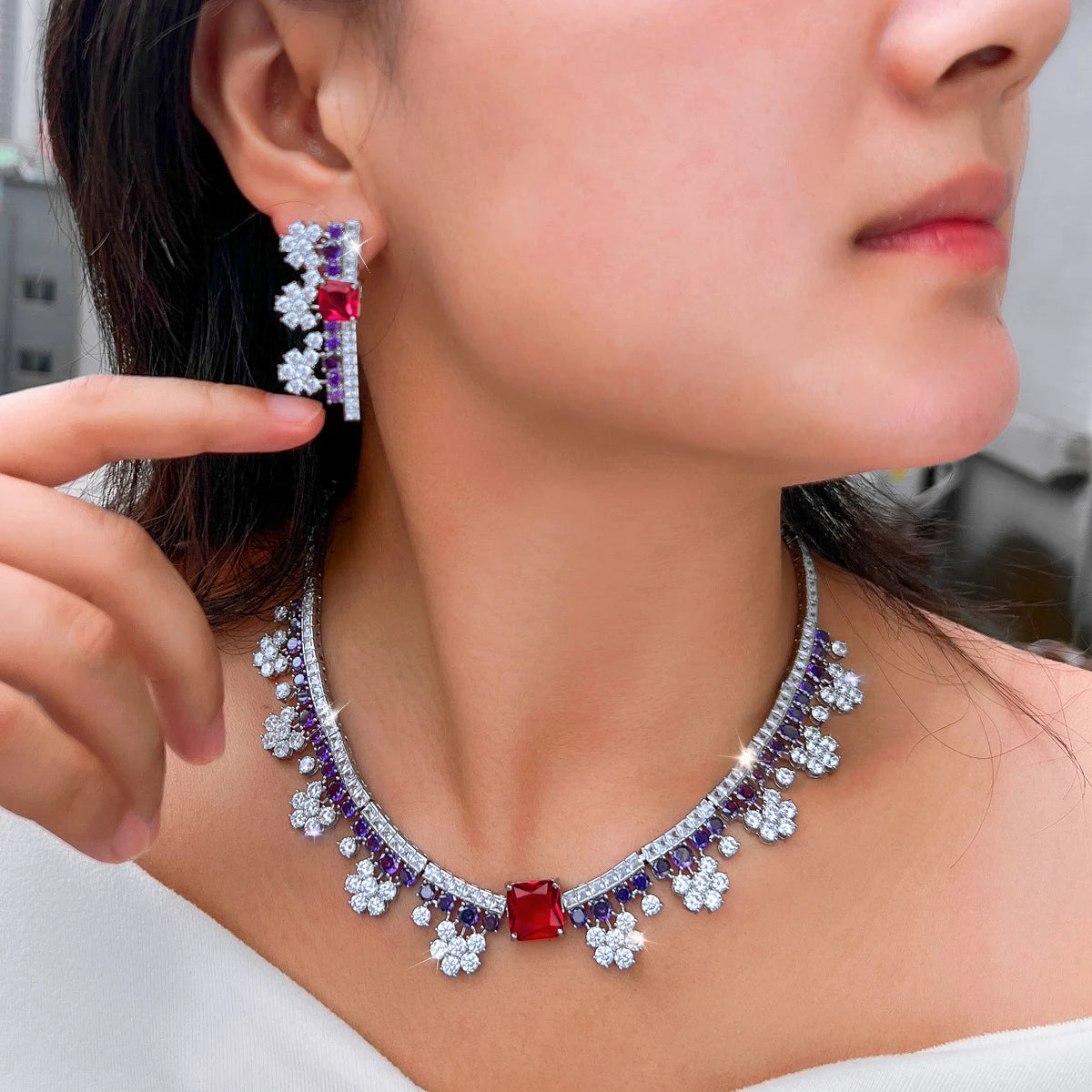 Gorgeous Flower Necklace and Earrings Purple Red Bridal Jewelry Set for Women Luxury Wedding Dress Accessories Jovera Joyce
