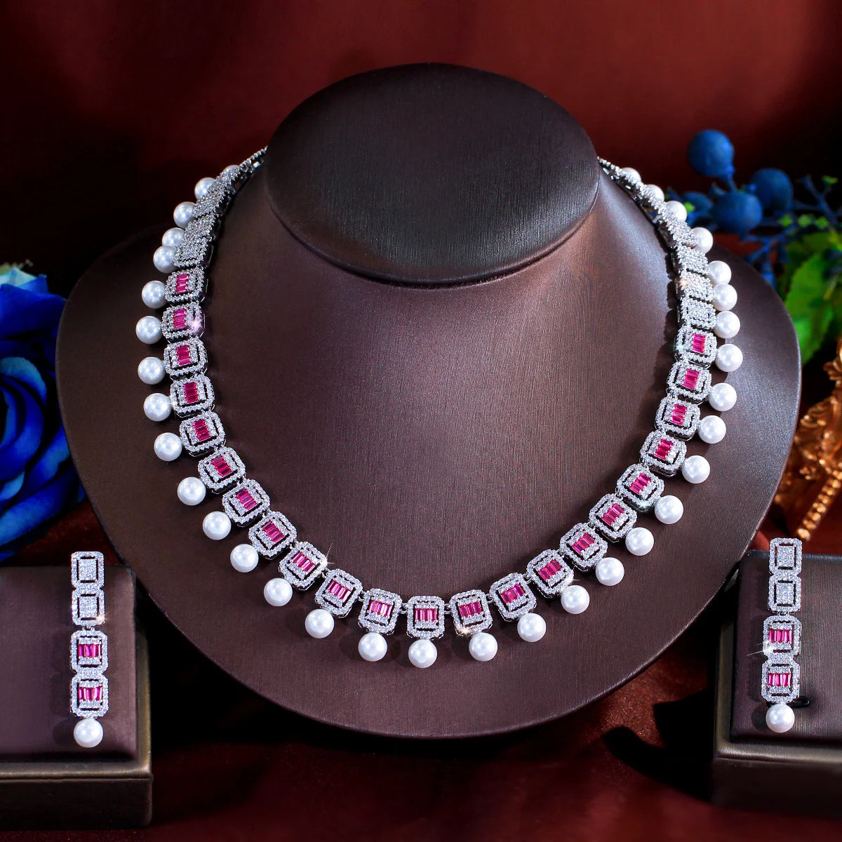 Women Glamorous Necklace and Earrings Red Cubic Zirconia Bridal Pearl Jewelry Set for Anniversaries Engagement Wedding Jewellery Jovera Joyce