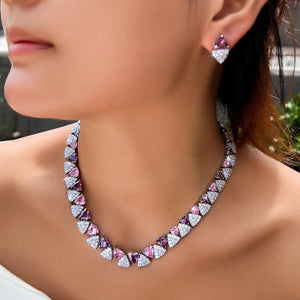 Geometric White Pink Purple Triangle Cubic Zircon Wedding Necklace Earrings 2Pcs Jewelry Set for Women Evening Party Accessory Jovera Joyce