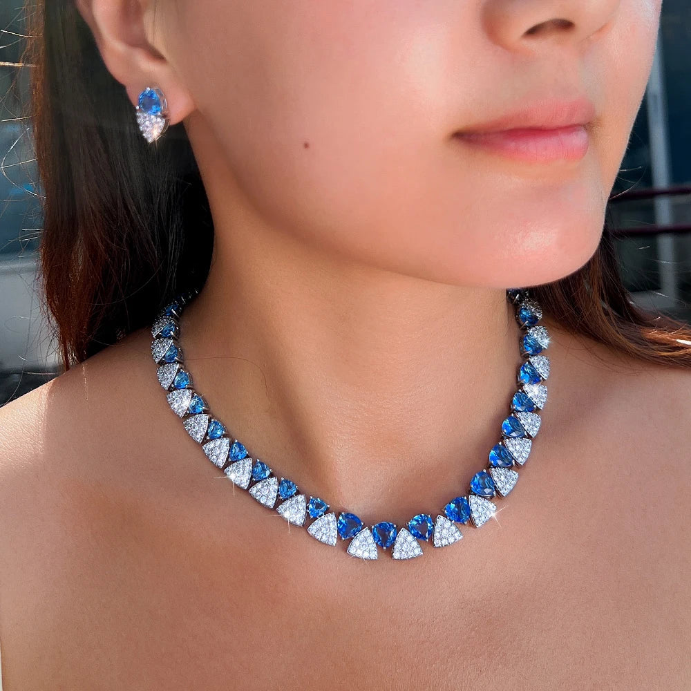 Luxury Unique Shiny Blue Synthetic Tanzanite Stone and White Zirconia Triangle Shape Bridal Wedding Party Jewelry Set for Women Jovera Joyce