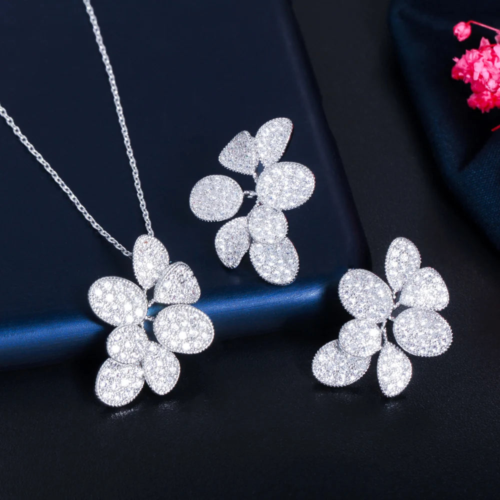Glitter Silver Plated Cubic Zirconia Big Delicate Leaf Shaped Chain Pendant Necklace Earring Bridal Jewelry Sets for Women Jovera Joyce