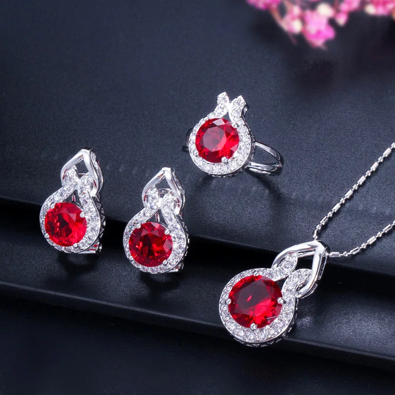 Romantic Pink Cubic Zircon Stone Series 3pcs Pendant Earrings Necklace and Ring Fashion Women Engagement Costume Jewelry Sets Jovera Joyce