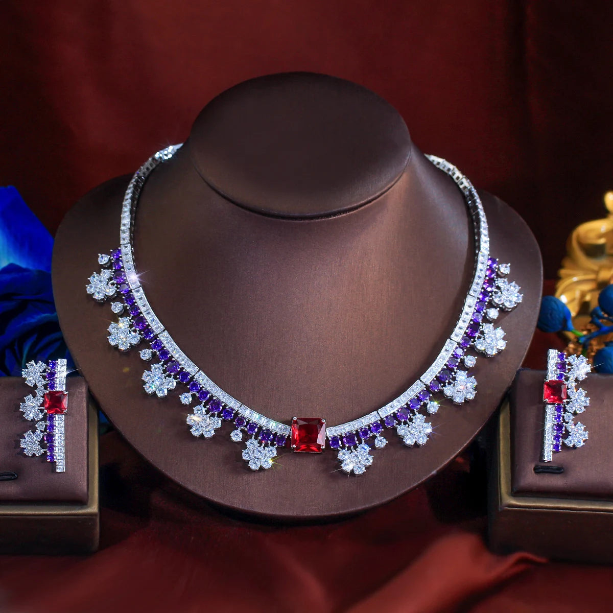Gorgeous Flower Necklace and Earrings Purple Red Bridal Jewelry Set for Women Luxury Wedding Dress Accessories Jovera Joyce