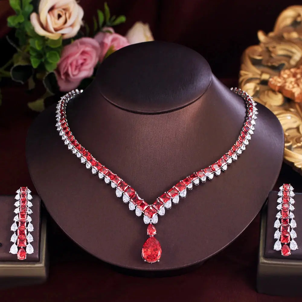 Luxury White Red Water Drop Zirconia Long Dangle Earrings and Necklace Bridal Wedding Party Jewelry Set for Women Jovera Joyce