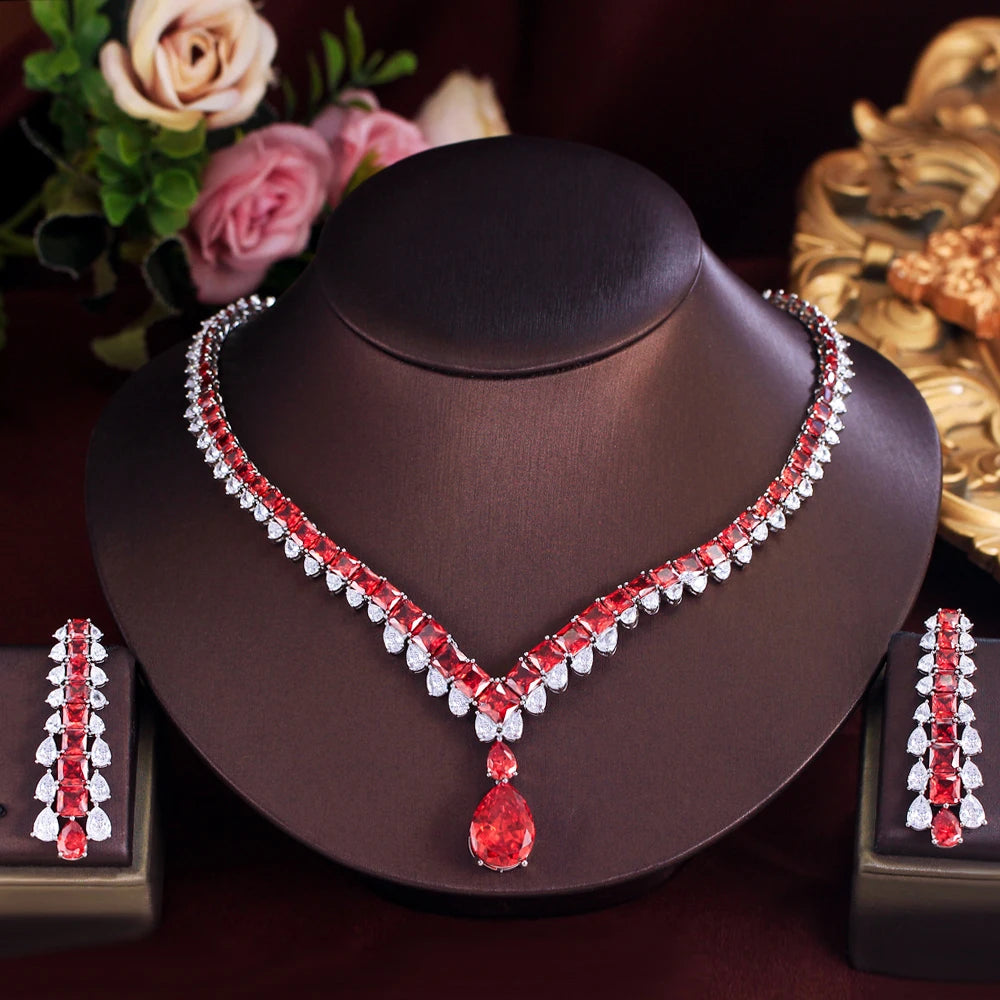Luxury White Red Water Drop Zirconia Long Dangle Earrings and Necklace Bridal Wedding Party Jewelry Set for Women Jovera Joyce