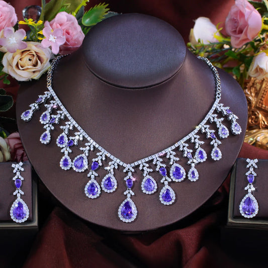 Gorgeous Long Tassel Necklace and Earrings CZ Zirconia Wedding Bridal Party Engagement Luxury Big Purple Jewelry Set for Women Jovera Joyce