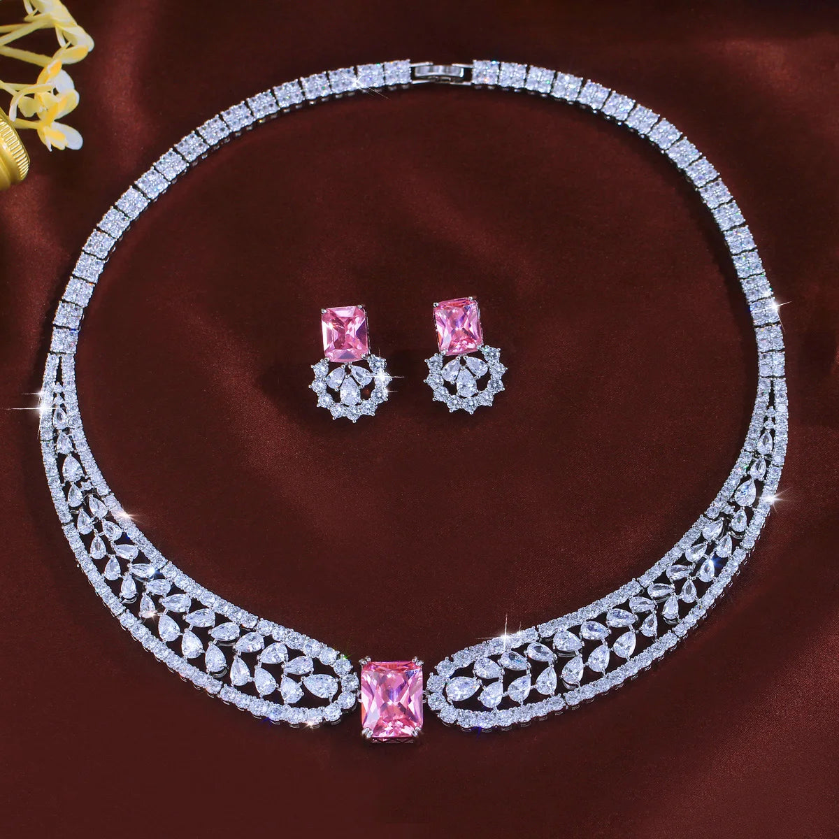 Charming Cubic Zirconia Jewelry Set Water Drop Necklace Pink Square Earrings Rhodium Plated CZ Jewelry Set for Brides Wedding Jovera Joyce
