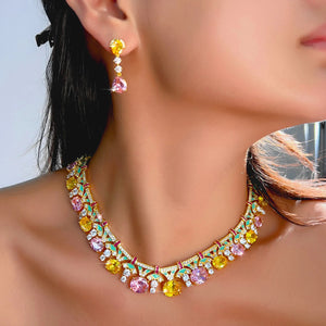 Trendy Necklace Earrings Yellow Pink CZ Oval Green Enamel Necklace Earrings for Women Party With Golden Plated Jewelry Set Jovera Joyce