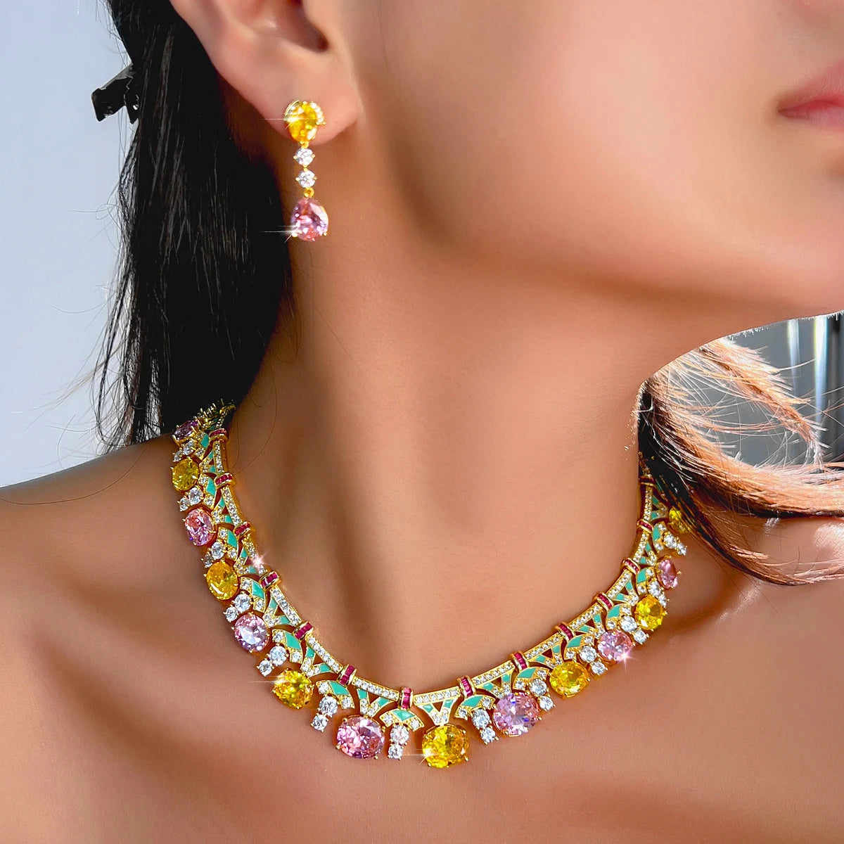 Trendy Necklace Earrings Yellow Pink CZ Oval Green Enamel Necklace Earrings for Women Party With Golden Plated Jewelry Set Jovera Joyce