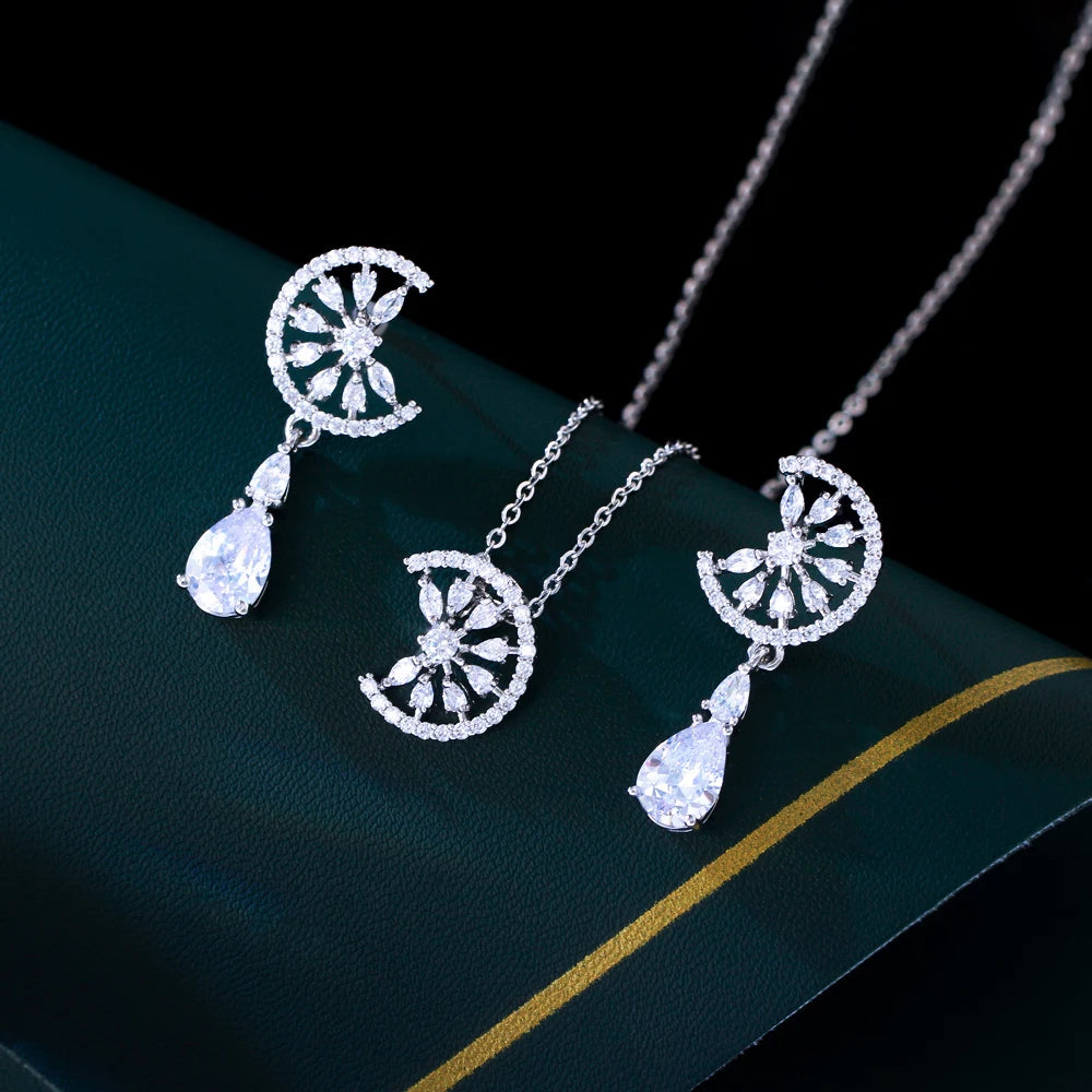 Dainty Blue Water Drop Cubic Zirconia Engagement Half Round Pendant Necklace and Earrings Fashion Jewelry Set for Women Jovera Joyce