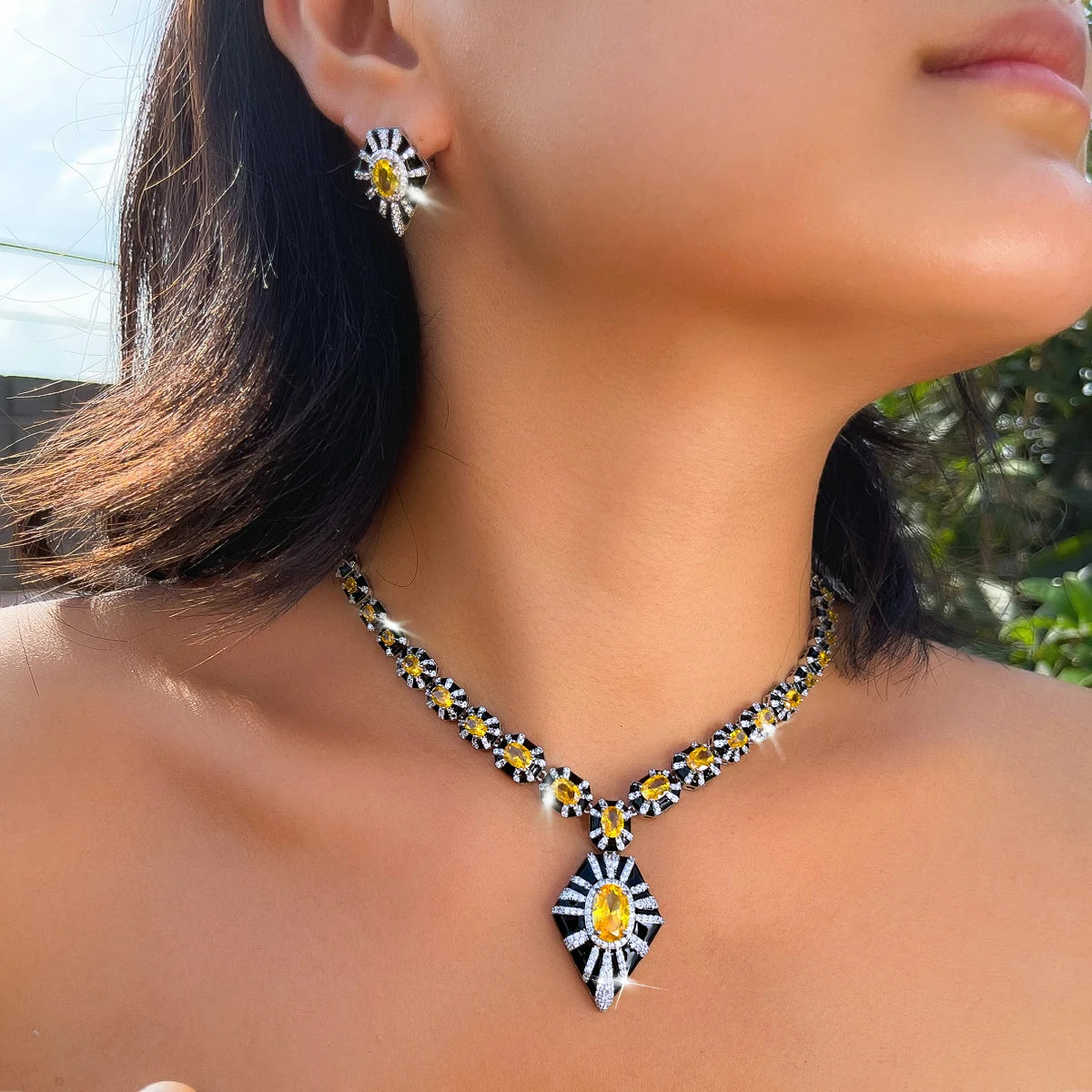 Vintage Geometric Black Enamel Yellow CZ Jewelry Set Dubai Bridal Zircon Necklace Earring Set for Women Evening Dress Jewelry Jovera Joyce