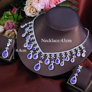 Gorgeous Long Tassel Necklace and Earrings CZ Zirconia Wedding Bridal Party Engagement Luxury Big Purple Jewelry Set for Women Jovera Joyce