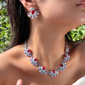 Beauty Jewelry Set Rhodium Plated Rose Red Turquoise CZ Dress Drop Tennis Jewelry Set for Women Brides Lady Costume Accessories Jovera Joyce