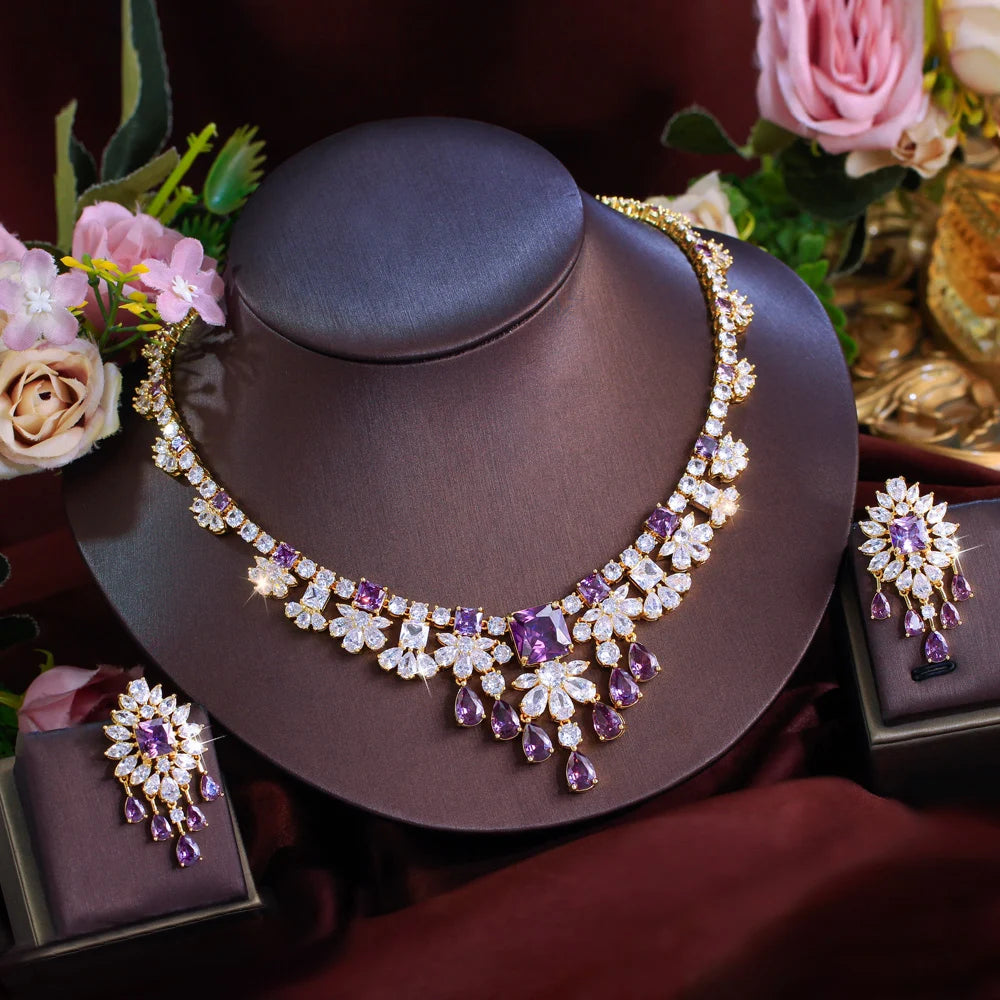 Luxury Purple and White Cubic Zirconia  Big Necklace Earrings Italian Dubai 18k Gold Plated Bridal Jewelry Set for Women Wedding Jovera Joyce