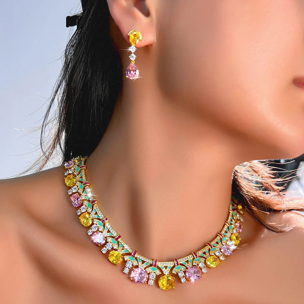 Trendy Necklace Earrings Yellow Pink CZ Oval Green Enamel Necklace Earrings for Women Party With Golden Plated Jewelry Set Jovera Joyce