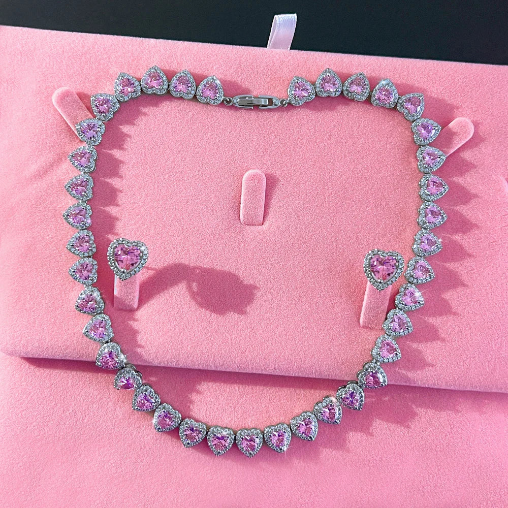 Trendy Jewelry Brass Silver Plated Jewelry Set Pink Iced CZ Ring Earrings Necklace Cuban Tennis Heart Shaped Woman Jewelry Set Jovera Joyce