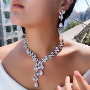 Elegant Cubic Zirconia Luxury Necklace and Earrings Women Big Leaf Weed Shape Jewelry Set for Wedding Bride Anniversary Gift Jovera Joyce