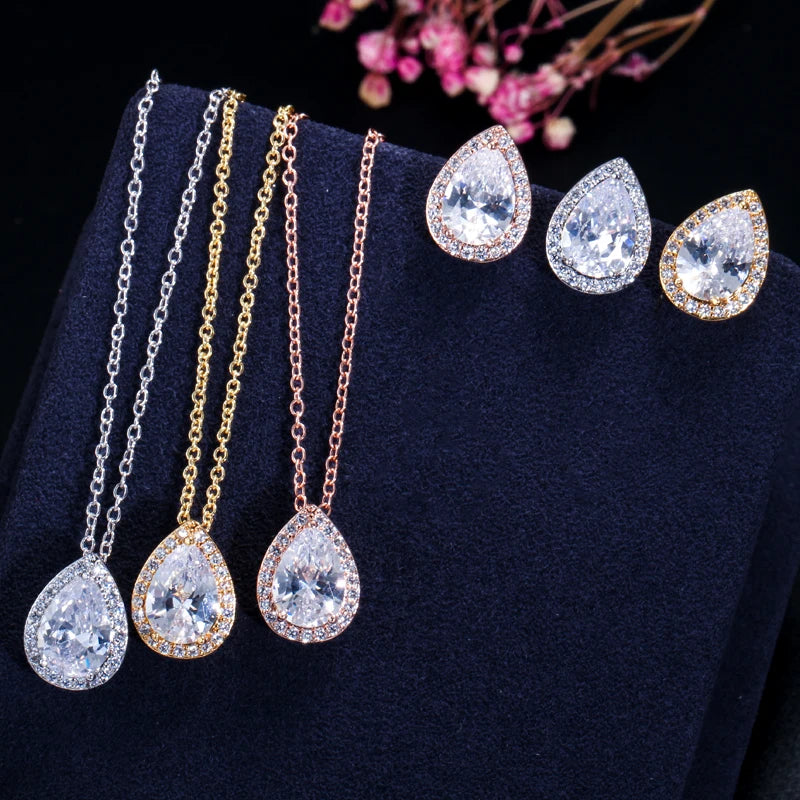 Tear Drop Design Simple Fashion Sparking Pear Cut Cubic Zircon Pendant Necklace and Earrings Jewelry Sets for Women Girl Gifts Jovera Joyce